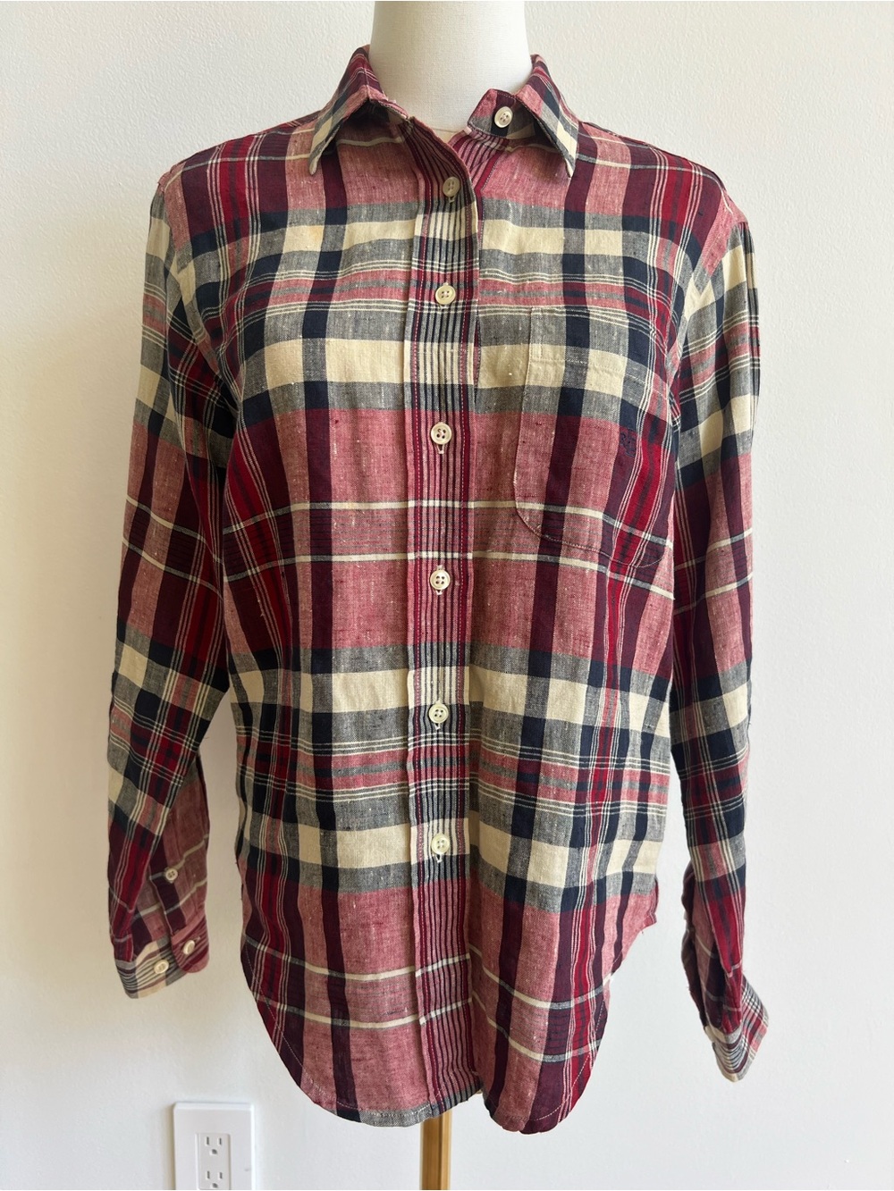 Lauren Ralph Lauren Womens 6P 100% Linen Plaid Button Down Shirt Red Monogram
